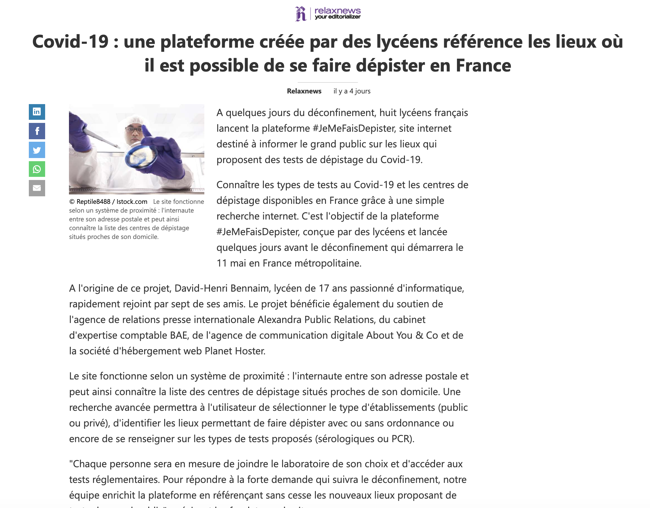 Article RelaxNews au sujet de jemefaisdepister.fr